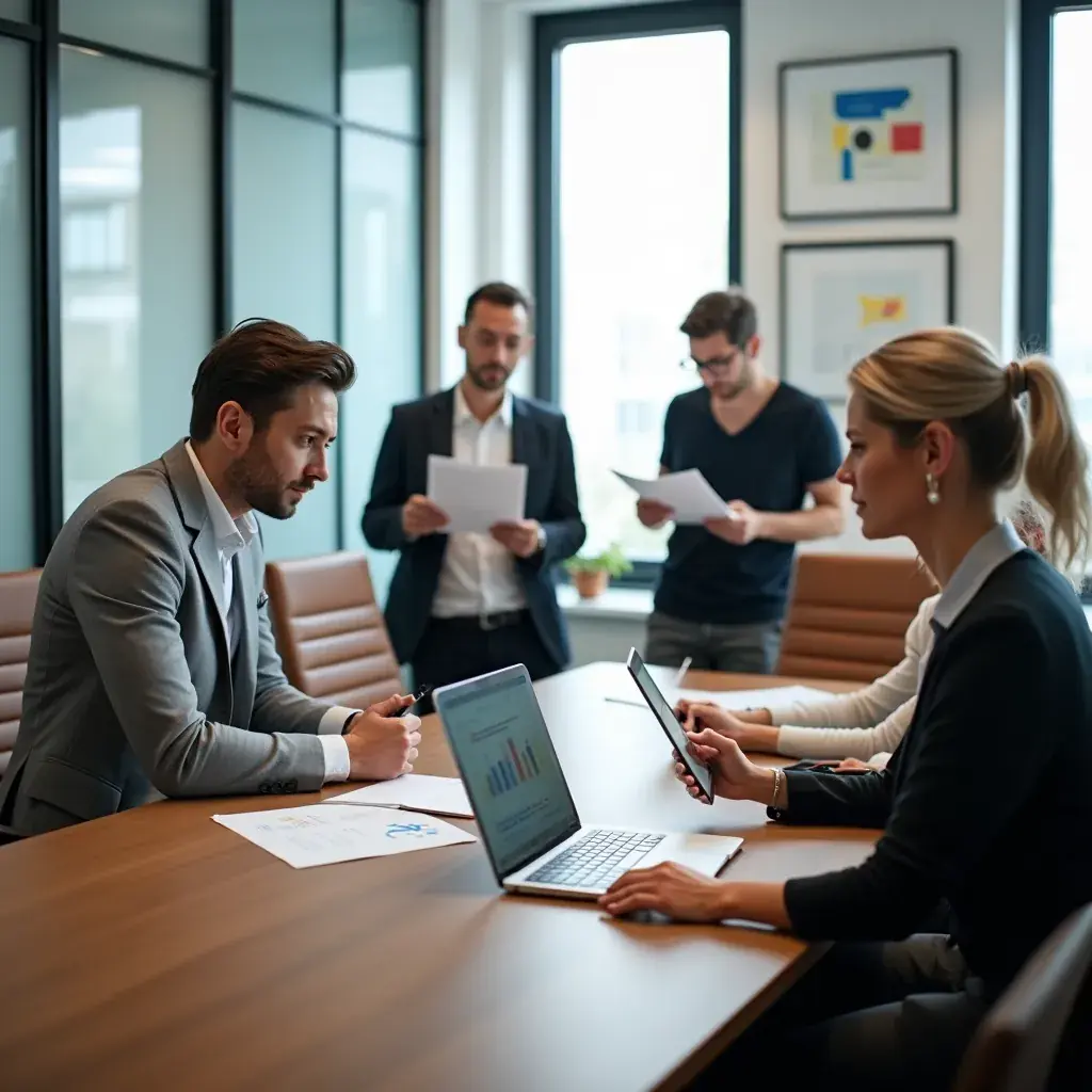 Specialiști în structuri organizaționale analizând procesele interne